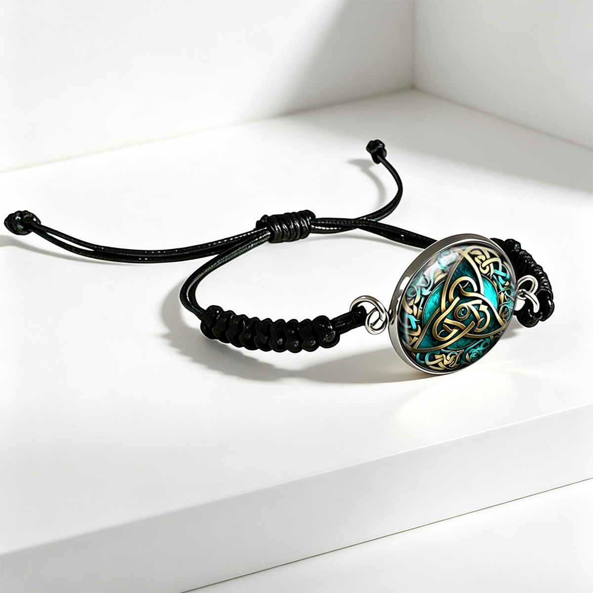 Teal Celtic Knot Pattern Artistic Round Glass Bracelet